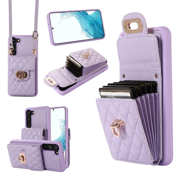 ELEHOLD Multi-Functional Wallet Case for Samsung Galaxy S23 Organ Card Holders Argyle Pattern PU Leather Metal Snap with Crossbody Strap Shockproof Elegant Purse Case for Galaxy S23,Purple