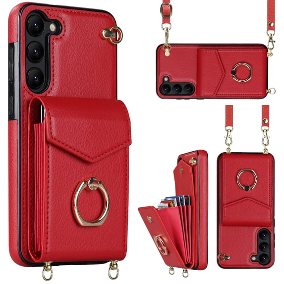 ELEHOLD Multi-Functional Wallet Case for Samsung Galaxy S23 Plus 6.6" Organ Card Slots RFID Blocking Ring Stand Wrist Strap Crossbody Shoulder Strap Shockproof Purse Case,Red