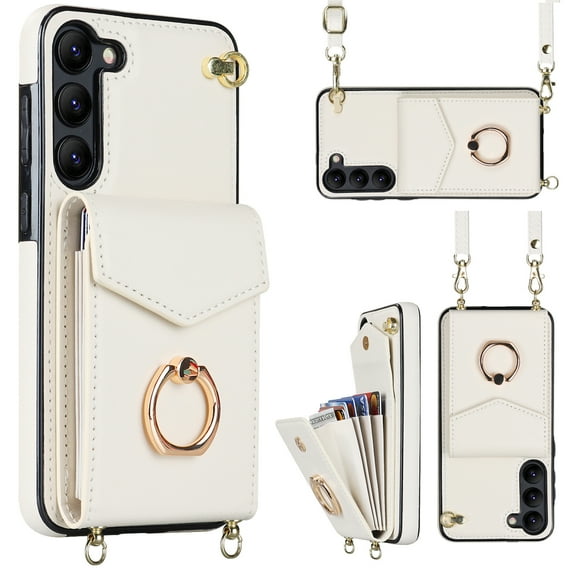 ELEHOLD Multi-Functional Wallet Case for Samsung Galaxy S23 Plus 6.6" Organ Card Slots RFID Blocking Ring Stand Wrist Strap Crossbody Shoulder Strap Shockproof Purse Case,White