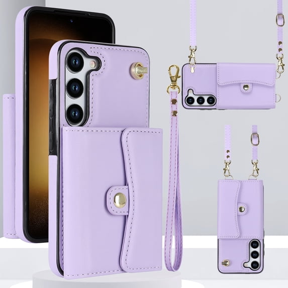 ELEHOLD Multi-Functional Wallet Case for Samsung Galaxy S23 Plus 6.6" Organ Card Slots RFID Blocking Stand Function Wrist Strap Crossbody Shoulder Strap Shockproof Purse Case, Purple