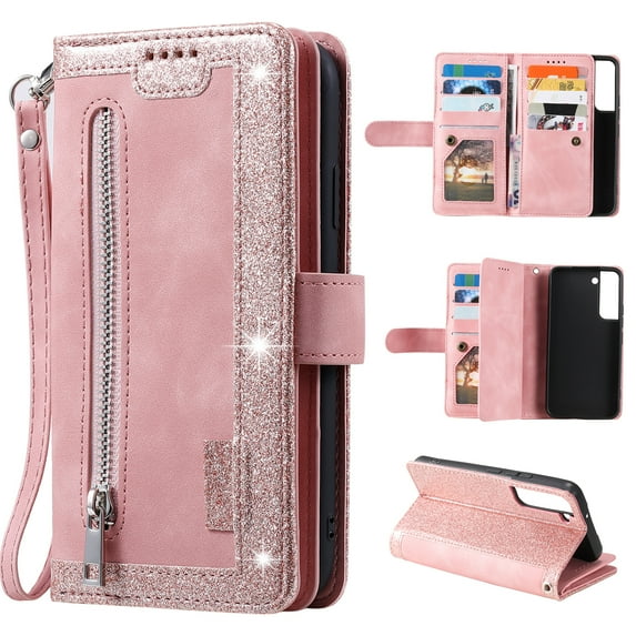 ELEHOLD Multi-Functional Wallet Case for Samsung Galaxy S23 Plus, 9 Card Slots Zipper Pocket Wriststrap Stand Function Premium Leather Shockproof Purse Case for Samsung S23+,Rosegold