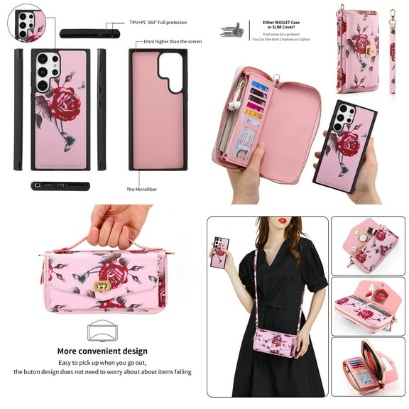 ELEHOLD Multi-Functional Wallet Case for Samsung Galaxy S23 Plus/S23+ 6.6", Large Capacity 14 Card Slots Magnetic Detachable Phone Case with Wristband Shoulder Strap Luxury Flower Purse Case,Pink