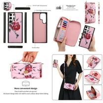 ELEHOLD Multi-Functional Wallet Case for Samsung Galaxy S23 Plus/S23 6.6", Large Capacity 14 Card Slots Magnetic Detachable Phone Case with Wristband Shoulder Strap Luxury Flower Purse Case,Pink