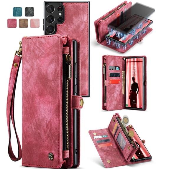 ELEHOLD Multi-Functional Wallet Case for Samsung Galaxy S23 Ultra 6.8",Large Capacity 8 Card Slots Zipper Purse Magnetic Detachable Phone Case with Wriststrap Luxury Leather Case, Red
