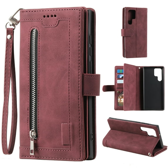 ELEHOLD Multi-Functional Wallet Case for Samsung Galaxy S23 Ultra, 9 Card Slots Zipper Pocket Wriststrap Stand Function Premium Leather Shockproof Purse Case for Samsung S23 Ultra, Winered