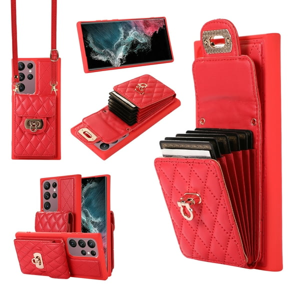 ELEHOLD Multi-Functional Wallet Case for Samsung Galaxy S23 Ultra Organ Card Holders Argyle Pattern PU Leather Metal Snap with Crossbody Strap Shockproof Elegant Purse Case, Red