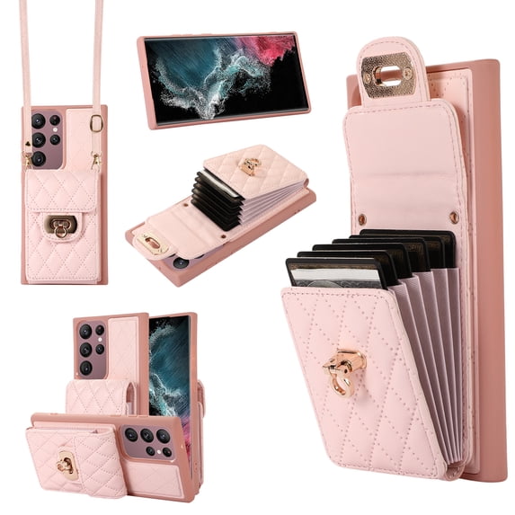 ELEHOLD Multi-Functional Wallet Case for Samsung Galaxy S23 Ultra Organ Card Holders Argyle Pattern PU Leather Metal Snap with Crossbody Strap Shockproof Elegant Purse Case,Pink