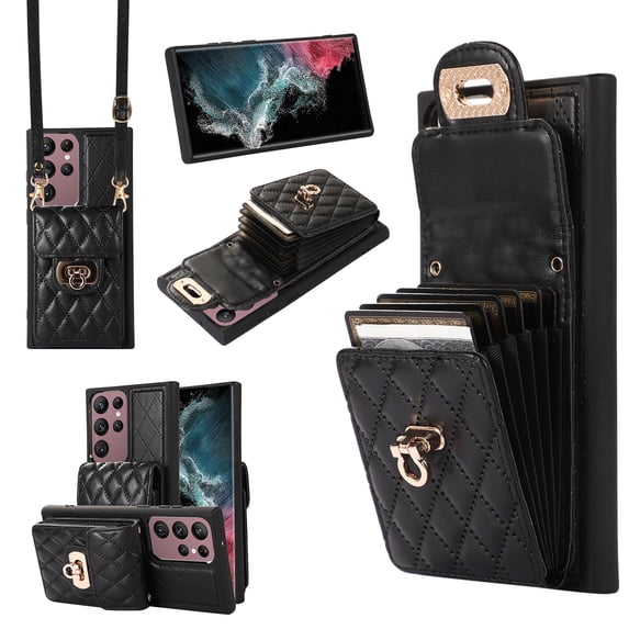 ELEHOLD Multi-Functional Wallet Case for Samsung Galaxy S23 Ultra Organ Card Holders Argyle Pattern PU Leather Metal Snap with Crossbody Strap Shockproof Elegant Purse Case, Black
