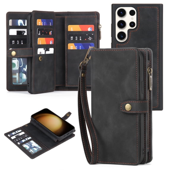 ELEHOLD Multi-Functional Wallet Case for Samsung Galaxy S23 Ultra,with Large Capacity 11 Card Slots Zipper Bag Magnetic Detachable Phone Case Wriststrap Shockproof Luxury Case 6.8" -Black