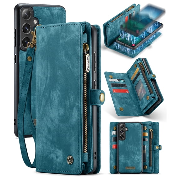 ELEHOLD Multi-Functional Wallet Case for Samsung Galaxy S24,Large Capacity 8 Card Slots Zipper Purse Magnetic Detachable Phone Case with Wriststrap Luxury Leather Case for Samsung S24,Green