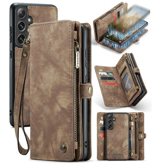 ELEHOLD Multi-Functional Wallet Case for Samsung Galaxy S24,Large Capacity 8 Card Slots Zipper Purse Magnetic Detachable Phone Case with Wriststrap Luxury Leather Case for Samsung S24,Darkbrown