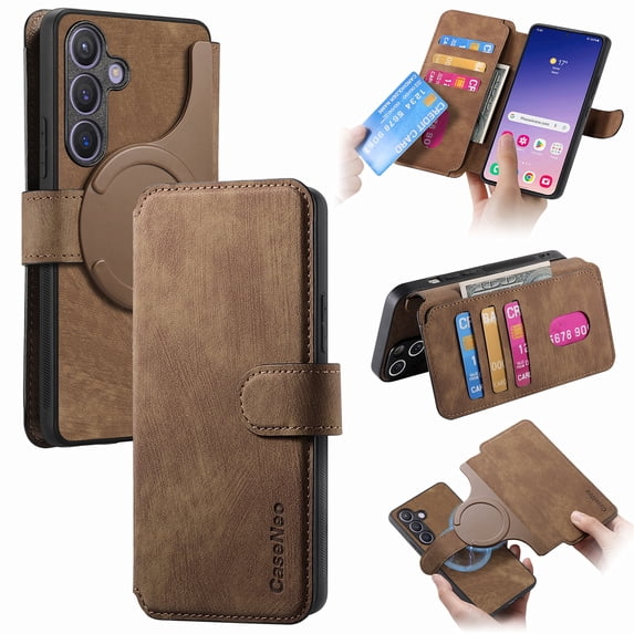 ELEHOLD Multi-Functional Wallet Case for Samsung Galaxy S24,Magnetic Detachable Card Holders PU leather Case RFID Blocking Function Flip Shockproof Stand Cover Business Style for Women Men,Brown