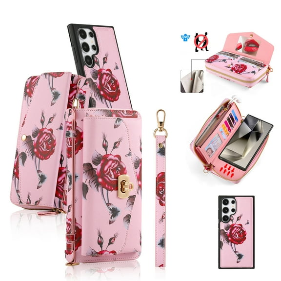 ELEHOLD Multi-Functional Wallet Case for Samsung Galaxy S24 Plus Large Capacity 14 Card Slots Magnetic Detachable Phone Case with Wristband Shoulder Strap Luxury Flower Purse Phone Bag,Pink