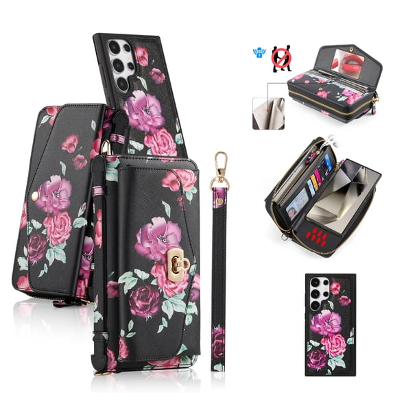 ELEHOLD Multi-Functional Wallet Case for Samsung Galaxy S24 Plus Large Capacity 14 Card Slots Magnetic Detachable Phone Case with Wristband Shoulder Strap Luxury Flower Purse Phone Bag, Black