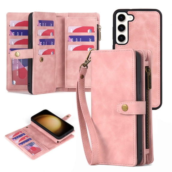 ELEHOLD Multi-Functional Wallet Case for Samsung Galaxy S24 Plus,with Large Capacity 11 Card Slots Zipper Bag Magnetic Detachable Leather Case Wriststrap Shockproof Galaxy S24 Plus Case - Pink