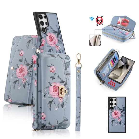 ELEHOLD Multi-Functional Wallet Case for Samsung Galaxy S24 Ultra Large Capacity 14 Card Slots Magnetic Detachable Phone Case with Wristband Shoulder Strap Luxury Flower Purse Phone Bag, Grey