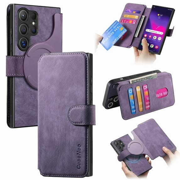 ELEHOLD Multi-Functional Wallet Case for Samsung Galaxy S24 Ultra,Magnetic Detachable Card Holders PU leather Case RFID Blocking Function Flip Shockproof Stand Cover BusinessStyle for Women Men,Purple
