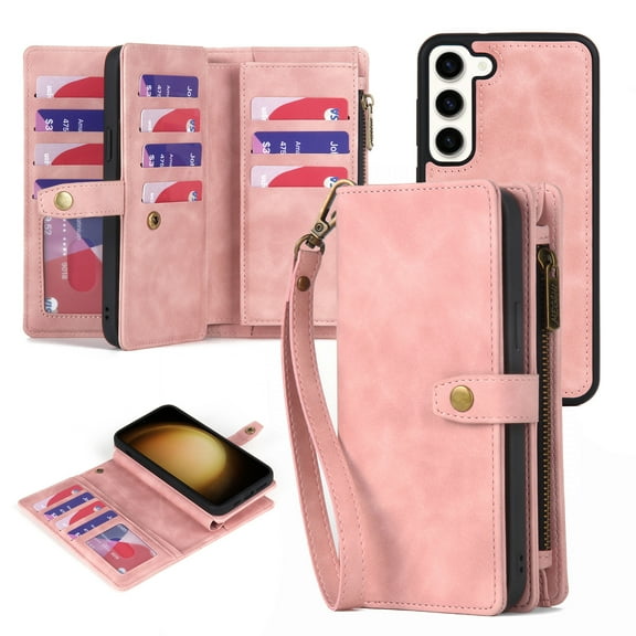 ELEHOLD Multi-Functional Wallet Case for Samsung Galaxy S24,with Large Capacity 11 Card Slots Zipper Bag Magnetic Detachable Leather Case Wriststrap Shockproof Galaxy S24 Case - Pink