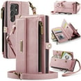 thumbnail image 1 of ELEHOLD Multi-Functional Wallet Case For Samsung Galaxy S25 Edge, PU Leather Shockproof Card Slots Zipper Pocket Card Holder Phone Case with Detachable Shoulder Strap,Pink, 1 of 10