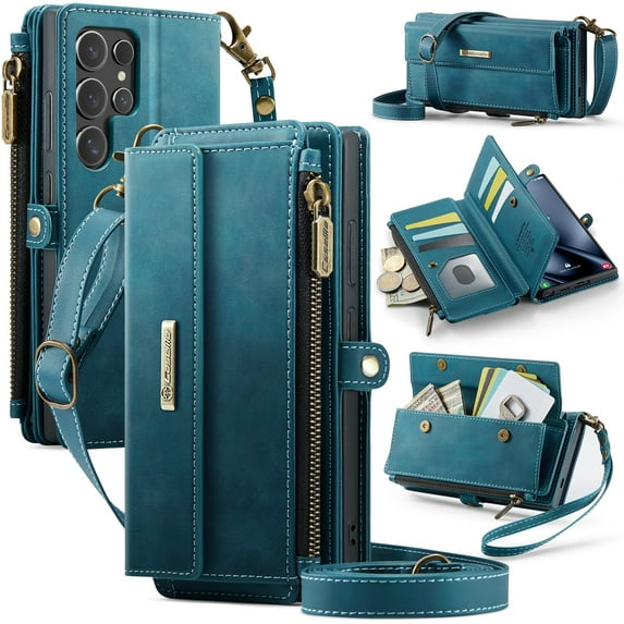 ELEHOLD Multi-Functional Wallet Case For Samsung Galaxy S25 Edge, PU Leather Shockproof Card Slots Zipper Pocket Card Holder Phone Case with Detachable Shoulder Strap,Green