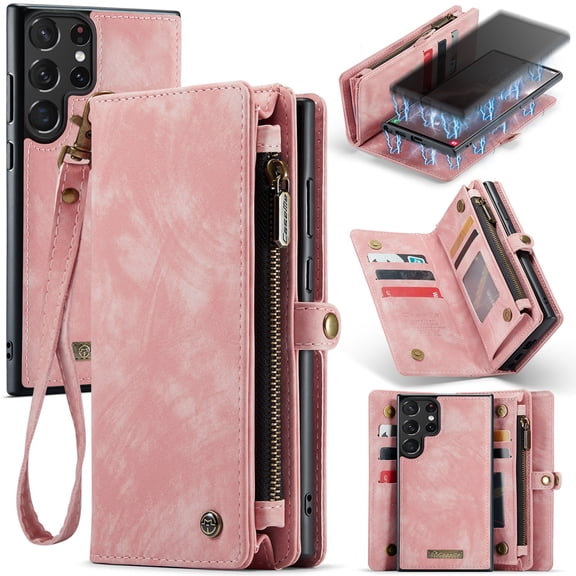 ELEHOLD Multi-Functional Wallet Case for Samsung Galaxy S26 Ultra,Large Capacity 8 Card Slots Zipper Purse Magnetic Detachable Case with Wriststrap ,Pink