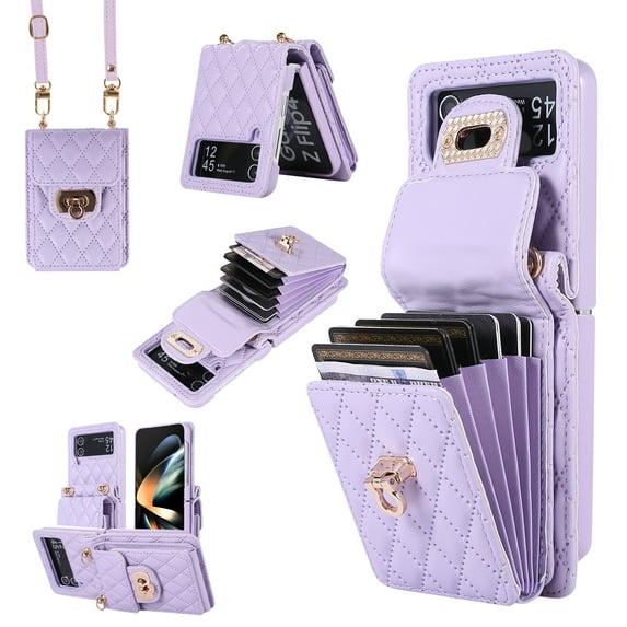 ELEHOLD Multi-Functional Wallet Case for Samsung Galaxy Z Flip4 2022 Organ Card Holders PU Leather Metal Snap with Crossbody Strap Shockproof Elegant Purse Case for Samsung Galaxy Z Flip 4,Purple