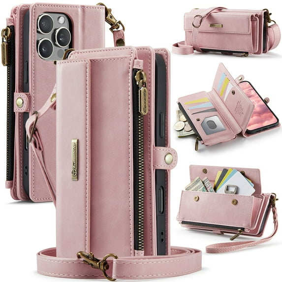 ELEHOLD Multi-Functional Wallet Case For iPhone 11 Pro Max, PU Leather Shockproof Card Slots Zipper Pocket Card Holder Phone Case with Detachable Shoulder Strap,Pink