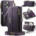 thumbnail image 1 of ELEHOLD Multi-Functional Wallet Case For iPhone 13, PU Leather Shockproof Card Slots Zipper Pocket Card Holder Phone Case with Detachable Shoulder Strap,Purple, 1 of 10