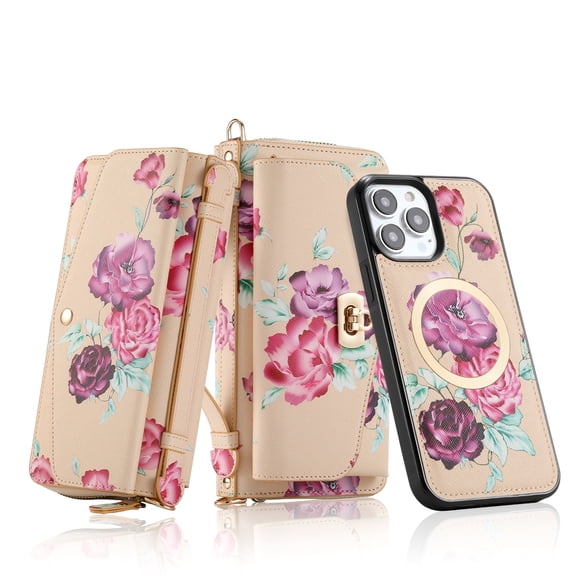 ELEHOLD Multi-Functional Wallet Case for iPhone 13 Pro Max 6.7", Large Capacity 14 Card Slots Magnetic Detachable Phone Case with Wristband Shoulder Strap Luxury Flower Purse Case, Yellow