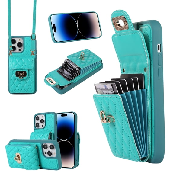 ELEHOLD Multi-Functional Wallet Case for iPhone 13 Pro Max Organ Card Holders Argyle Pattern PU Leather Metal Snap with Crossbody Strap Shockproof Elegant Purse Case,Green