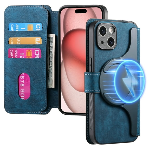 ELEHOLD Multi-Functional Wallet Case for iPhone 14,Magnetic Detachable Card Holders PU leather Case RFID Blocking Function Flip Shockproof Stand Cover Business Style for Women Men,Blue