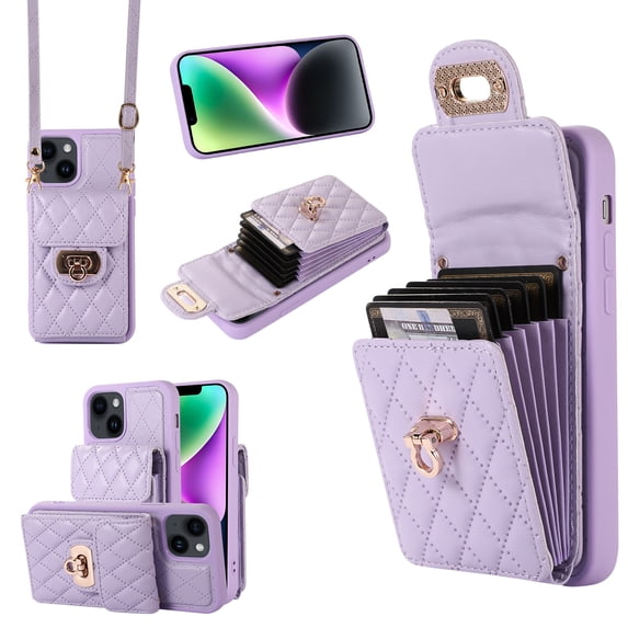ELEHOLD Multi-Functional Wallet Case for iPhone 14 Organ Card Holders Argyle Pattern PU Leather Metal Snap with Crossbody Strap Shockproof Elegant Purse Case for iPhone 14,Purple