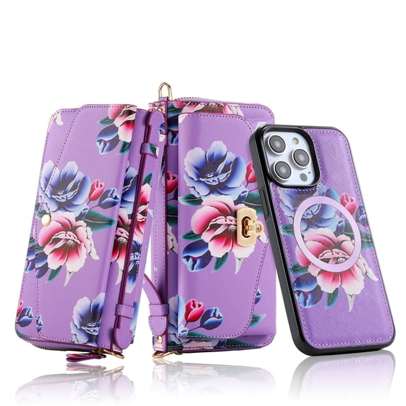 ELEHOLD Multi-Functional Wallet Case for iPhone 14 Pro 6.1", Large Capacity 14 Card Slots Magnetic Detachable Phone Case with Wristband Shoulder Strap Luxury Flower Purse Case, Purple