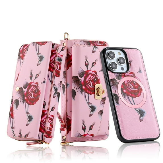 ELEHOLD Multi-Functional Wallet Case for iPhone 14 Pro 6.1", Large Capacity 14 Card Slots Magnetic Detachable Phone Case with Wristband Shoulder Strap Luxury Flower Purse Case, Pink