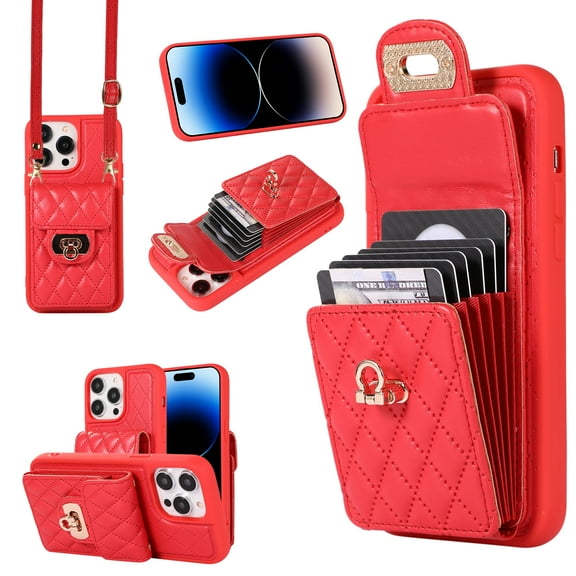 ELEHOLD Multi-Functional Wallet Case for iPhone 14 Pro 6.1" Organ Card Holders Argyle Pattern PU Leather Metal Snap with Crossbody Strap Shockproof Elegant Purse Case,Red