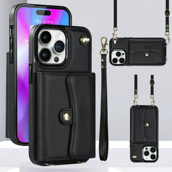 ELEHOLD Multi-Functional Wallet Case for iPhone 14 Pro 6.1" Organ Card Slots RFID Blocking Stand Function Wrist Strap Crossbody Shoulder Strap Shockproof Purse Case,Black