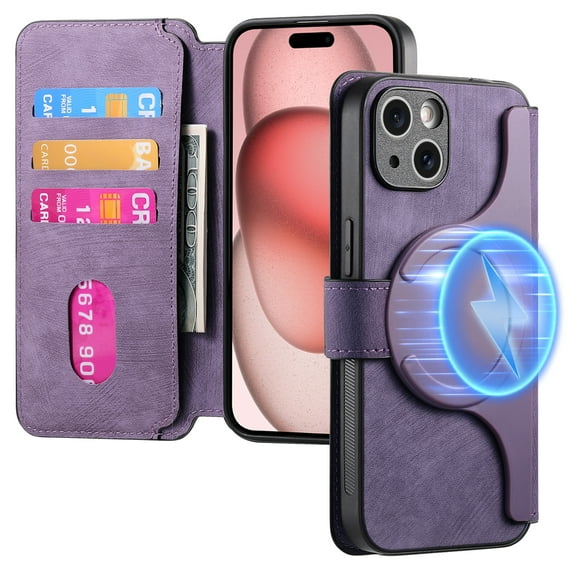 ELEHOLD Multi-Functional Wallet Case for iPhone 14 Pro,Magnetic Detachable Card Holders PU leather Case RFID Blocking Function Flip Shockproof Stand Cover Business Style for Women Men,Purple
