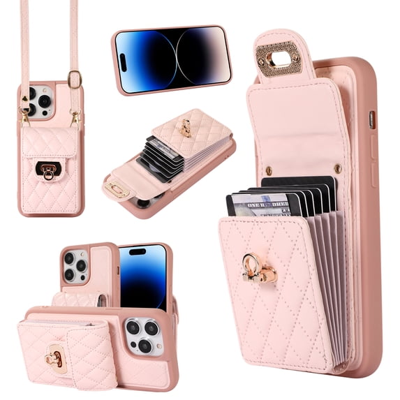 ELEHOLD Multi-Functional Wallet Case for iPhone 14 Pro Max 6.7" Organ Card Holders Argyle Pattern PU Leather Metal Snap with Crossbody Strap Shockproof Elegant Purse Case,Pink
