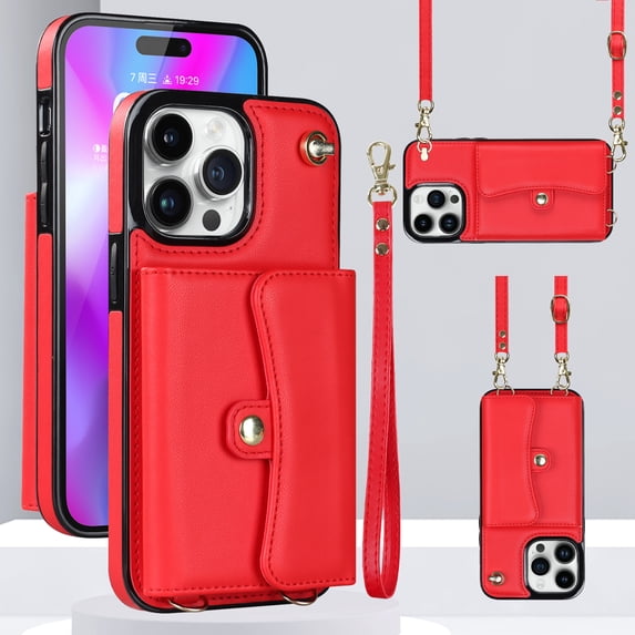 ELEHOLD Multi-Functional Wallet Case for iPhone 14 Pro Max 6.7" Organ Card Slots RFID Blocking Stand Function Wrist Strap Crossbody Shoulder Strap Shockproof Purse Case,Red