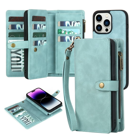 ELEHOLD Multi-Functional Wallet Case for iPhone 14 Pro,with Large Capacity 11 Card Slots Zipper Bag Magnetic Detachable Phone Case Wriststrap Shockproof Luxury Case 6.1" - Blue