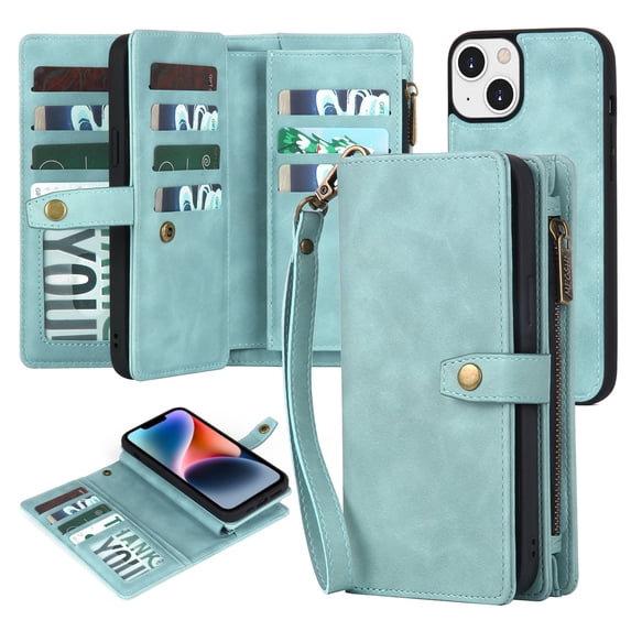 ELEHOLD Multi-Functional Wallet Case for iPhone 14,with Large Capacity 11 Card Slots Zipper Bag Magnetic Detachable Phone Case Wriststrap Shockproof Luxury Case 6.1" - Green