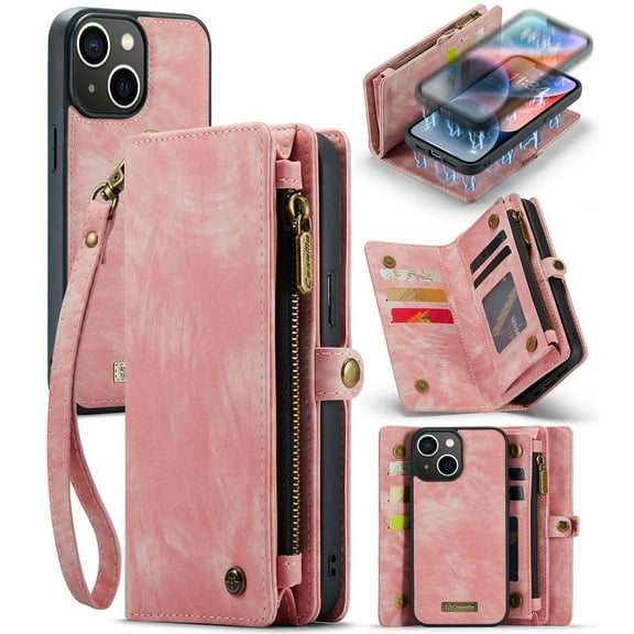 ELEHOLD Multi-Functional Wallet Case for iPhone 15 6.1",Large Capacity 8 Card Slots Zipper Purse Magnetic Detachable Phone Case with Wriststrap Luxury Leather Case for iPhone 15,Pink
