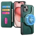 thumbnail image 1 of ELEHOLD Multi-Functional Wallet Case for iPhone 15,Magnetic Detachable Card Holders PU leather Case RFID Blocking Function Flip Shockproof Stand Cover Business Style for Women Men,Green, 1 of 8