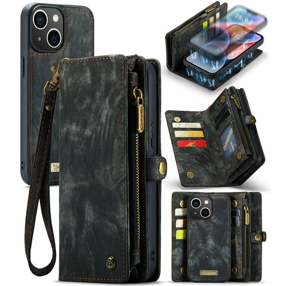 ELEHOLD Multi-Functional Wallet Case for iPhone 15 Plus 6.7",Large Capacity 8 Card Slots Zipper Purse Magnetic Detachable Phone Case with Wriststrap Luxury Leather Case for iPhone 15 Plus,Black