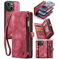 ELEHOLD Multi-Functional Wallet Case for iPhone 15 Plus 6.7",Large Capacity 8 Card Slots Zipper Purse Magnetic Detachable Phone Case with Wriststrap Luxury Leather Case for iPhone 15 Plus,Red