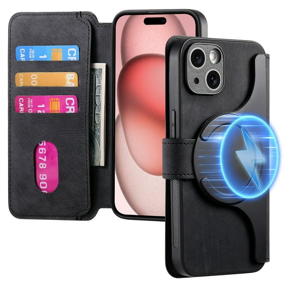 ELEHOLD Multi-Functional Wallet Case for iPhone 15 Plus,Magnetic Detachable Card Holders PU leather Case RFID Blocking Function Flip Shockproof Stand Cover Business Style for Women Men,Black