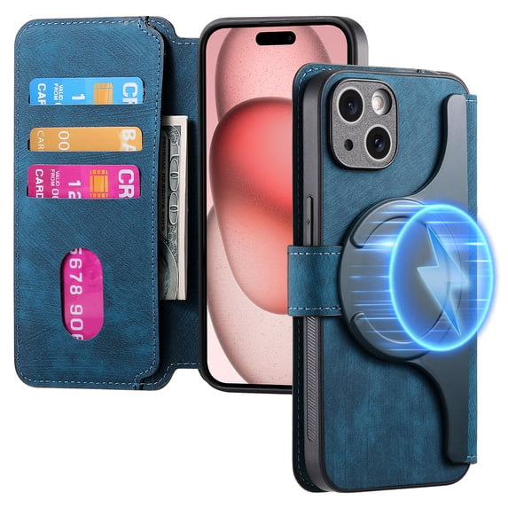 ELEHOLD Multi-Functional Wallet Case for iPhone 15 Plus,Magnetic Detachable Card Holders PU leather Case RFID Blocking Function Flip Shockproof Stand Cover Business Style for Women Men,Blue