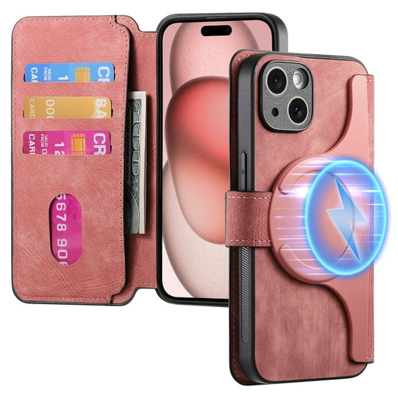 ELEHOLD Multi-Functional Wallet Case for iPhone 15 Plus,Magnetic Detachable Card Holders PU leather Case RFID Blocking Function Flip Shockproof Stand Cover Business Style for Women Men,Pink