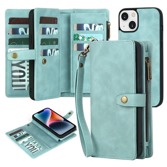 ELEHOLD Multi-Functional Wallet Case for iPhone 15 Plus,with Large Capacity 11 Card Slots Zipper Bag Magnetic Detachable Case Wriststrap Shockproof Luxury Case for iPhone 15 Plus 6.7", Green
