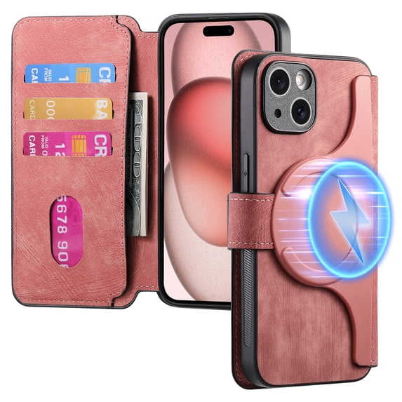 ELEHOLD Multi-Functional Wallet Case for iPhone 15 Pro,Magnetic Detachable Card Holders PU leather Case RFID Blocking Function Flip Shockproof Stand Cover Business Style for Women Men,Pink